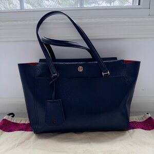 Tory Burch Navy Work Tote w/ Coral Contrast + Dust Bag
